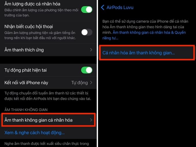 Cuộn xuống mục Âm thanh không gian và chọn Âm thanh không gian cá nhân hoá