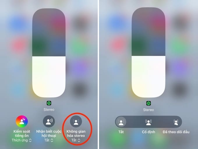 Tại góc dưới bên phải màn hình sẽ xuất hiện nút Không gian hoá stereo