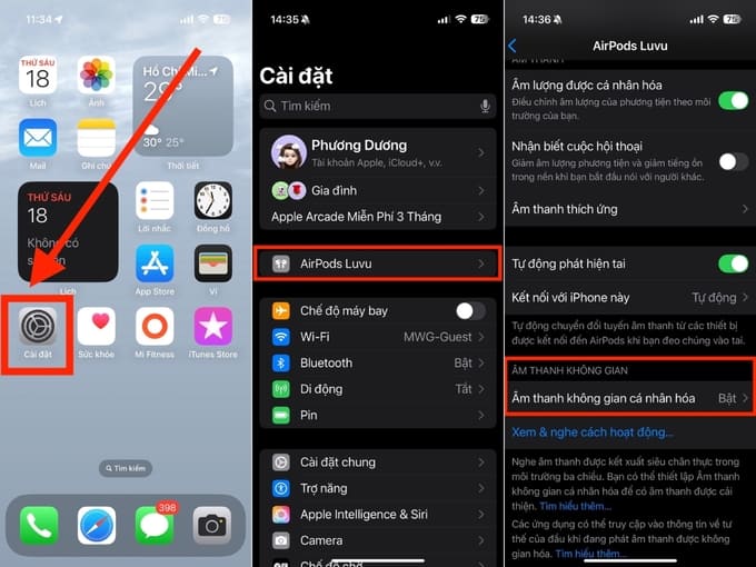 Truy cập Cài đặt và chọn AirPods đang kết nối