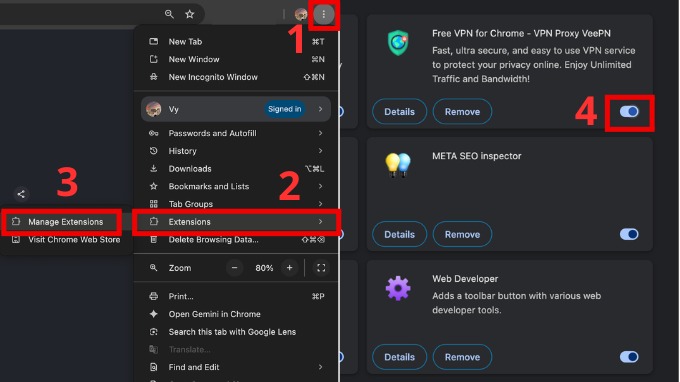 Tắt các tiện ích mở rộng chặn quảng cáo và VPN