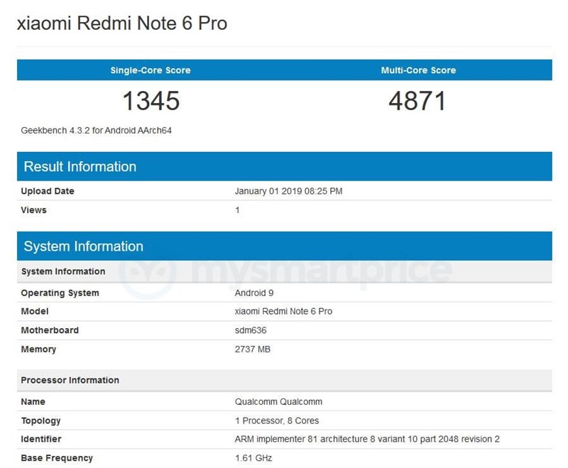 Xiaomi Redmi Note 6 Pro chạy Android 9 Pie xuất hiện trên Geekbench 