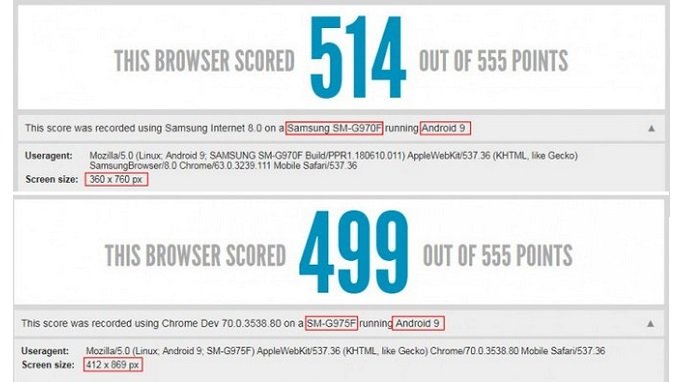 Điểm benchmark của Galaxy S10 Lite (trên) và Galaxy S10 (dưới)