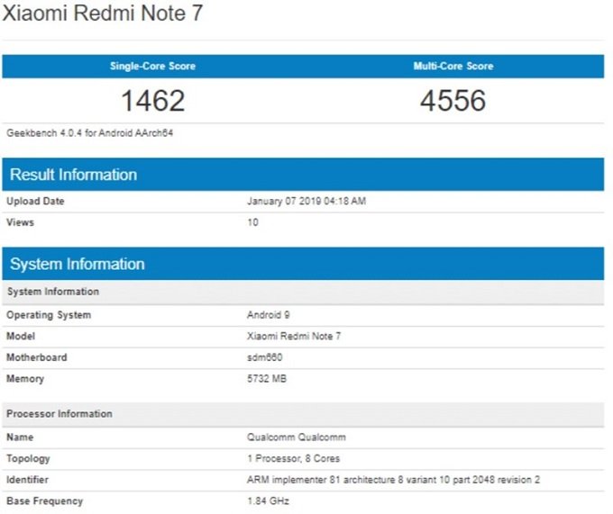 Điểm Geekbench mà Redmi Note 7 đạt được