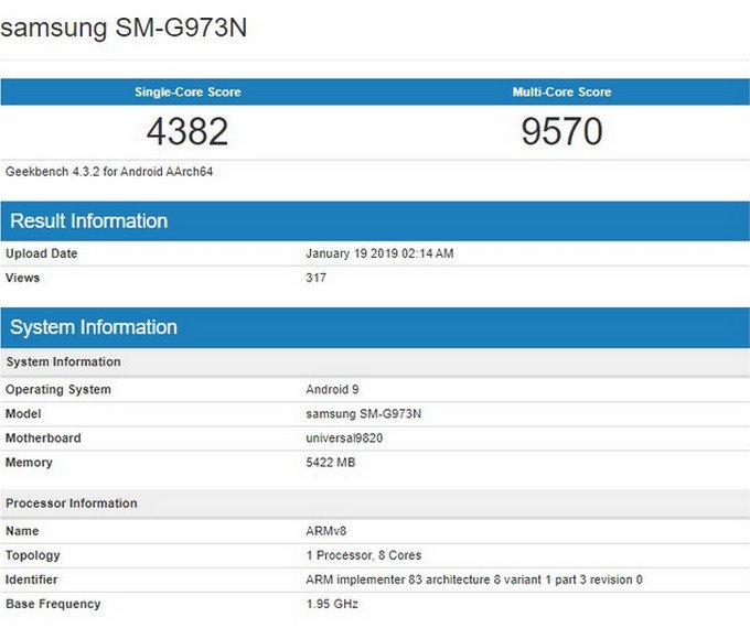 Thông số của Samsung Galaxy S10 với chipset Exynos 9820 trên Geekbench