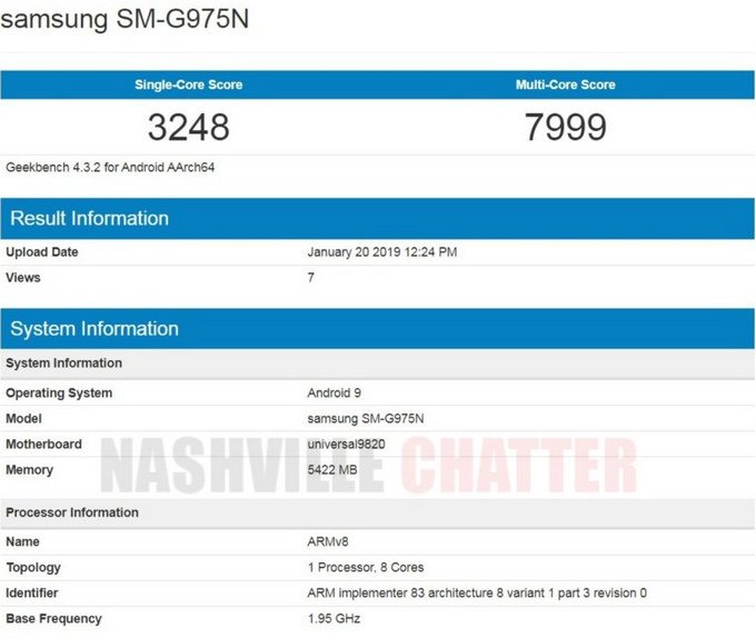 Điểm benchmark của Samsung Galaxy S10 Plus trên Geekbench