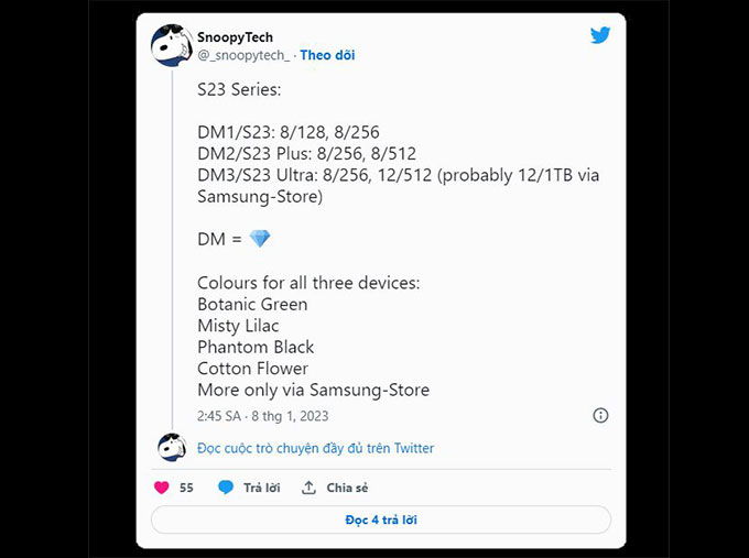 Thông tin về bộ nhớ ROM trên Galaxy S23 được SnoopyTech tiết lộ