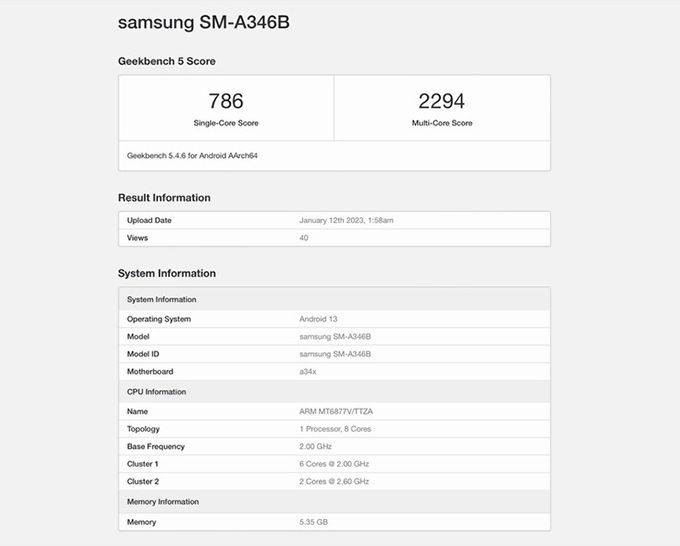 Bảng điểm hiệu năng Geekbench mới nhất của Galaxy A34