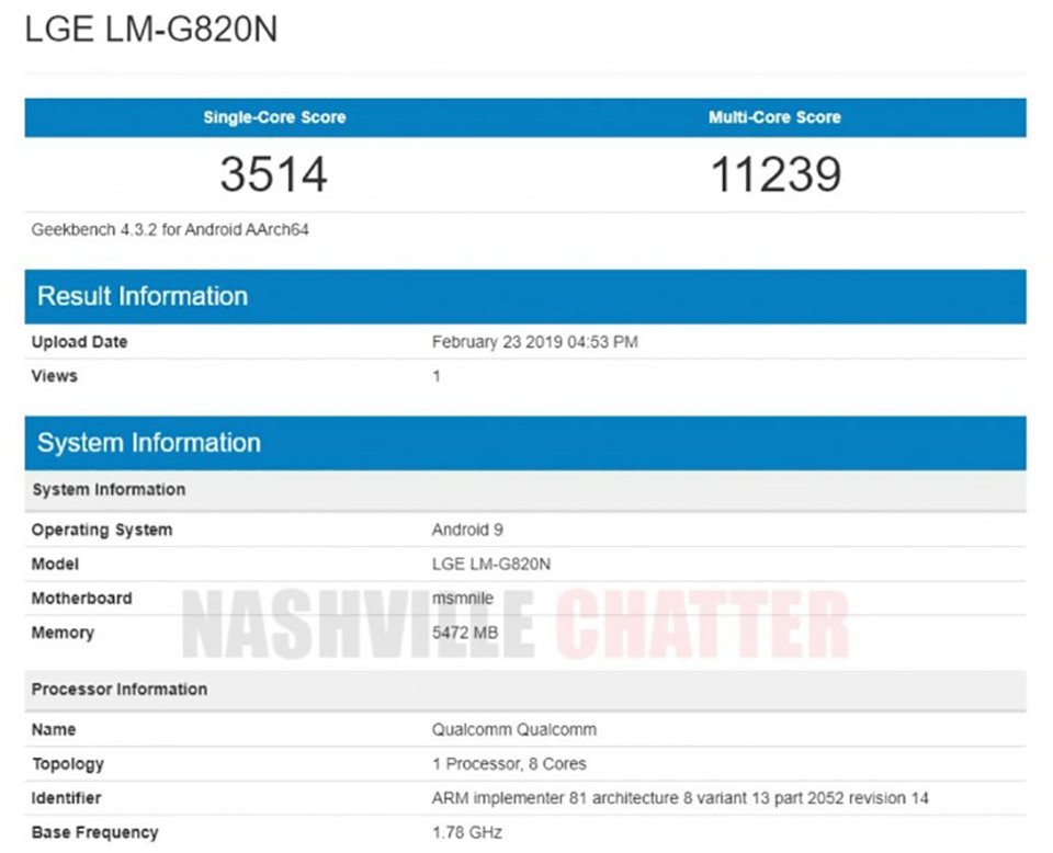 LG G8 lộ thông số cấu hình ấn tượng trên Geekbench: Chip Snapdragon 855, 6GB RAM