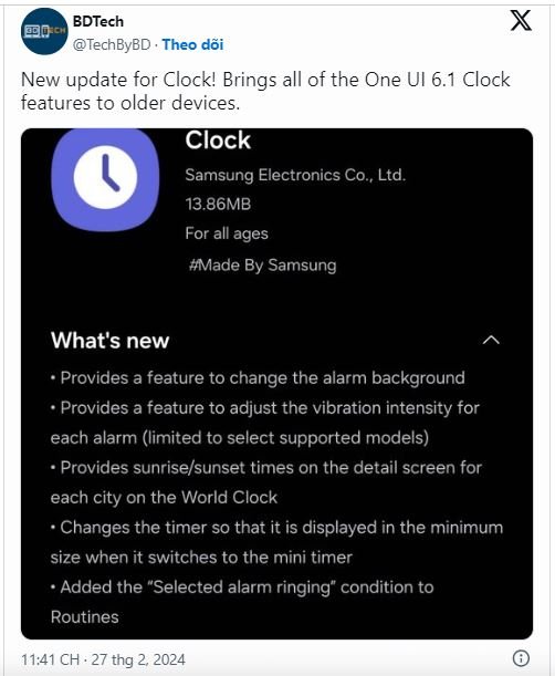 Bản cập nhật Samsung Clock mang tính năng One UI 6.1 cho điện thoại Galaxy cũ hơn