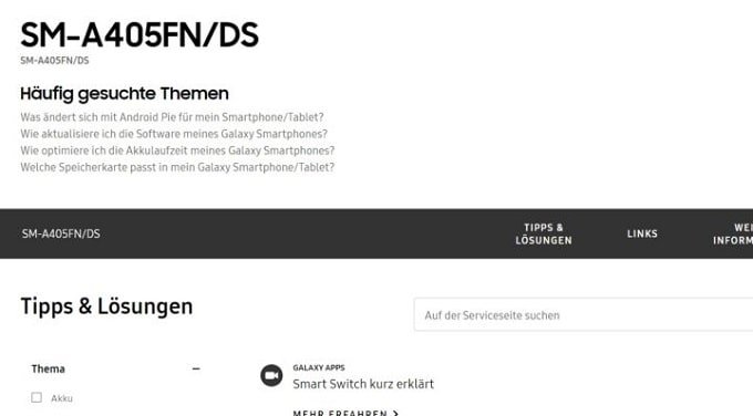 Galaxy A40 xuất hiện trên trang hỗ trợ chính thức của Samsung Đức
