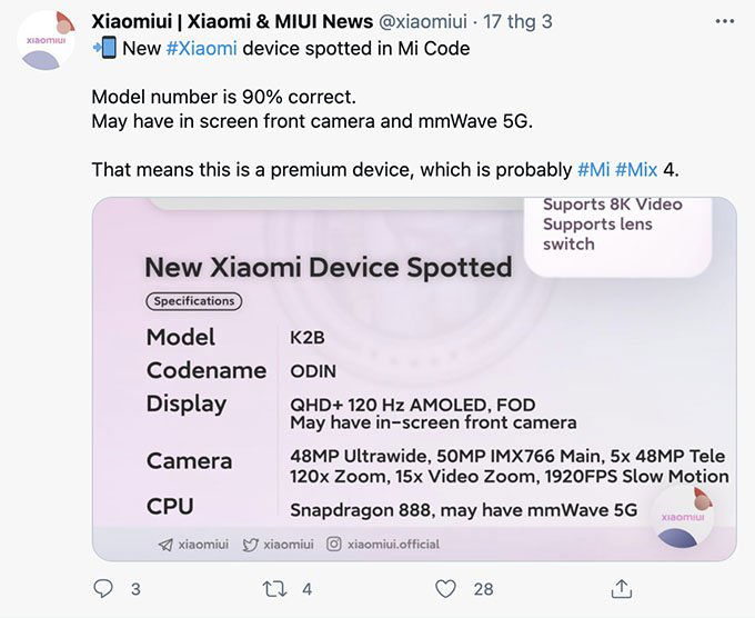 Thông số kỹ thuật Xiaomi Mi Mix 4 được tiết lộ: Snapdragon 888, camera zoom 120x