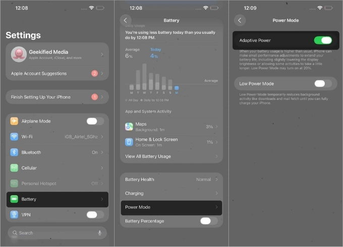 Cách bật chế độ Adaptive Power trên iPhone