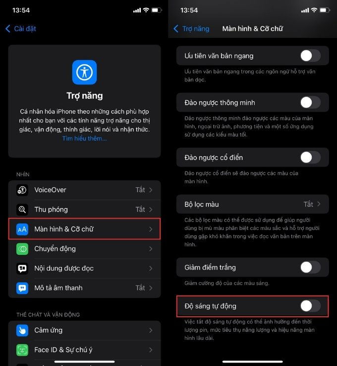 iPhone bật tính năng điều chỉnh sáng tự động