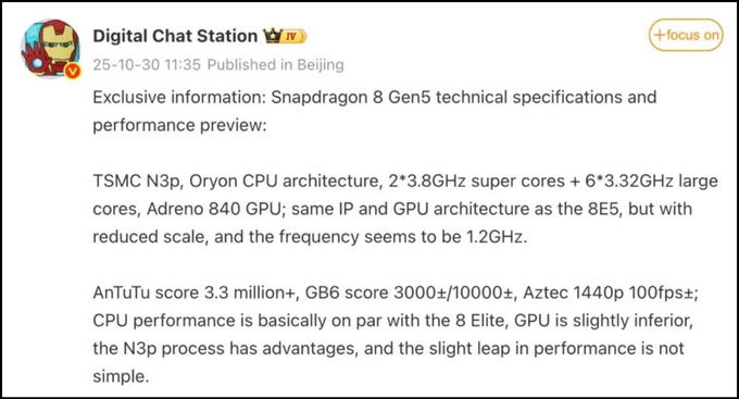 Snapdragon 8 Gen 5 lộ điểm hiệu năng