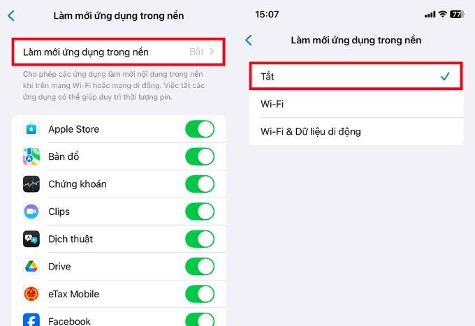 Tắt làm mới ứng dụng trong nền