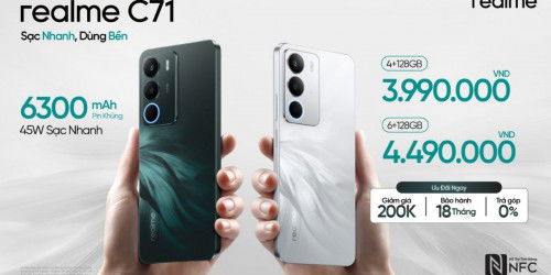 Realme C71 ra mắt tại Việt Nam: pin 6.300mAh, sạc nhanh 45W, màn hình 725 nit và giá từ 3.99 triệu đồng
