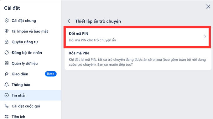 Cách đổi mã PIN Zalo trên máy tính