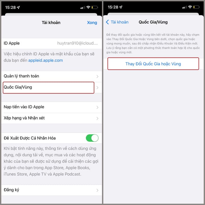 Bước 2: Chuyển Quốc gia/ Vùng