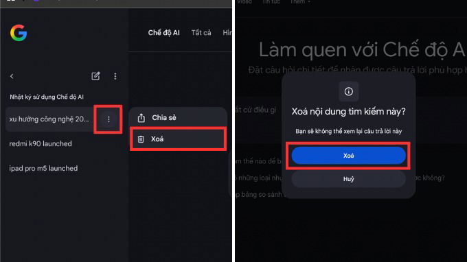 Cách xóa lịch sử tìm kiếm trong chế độ AI