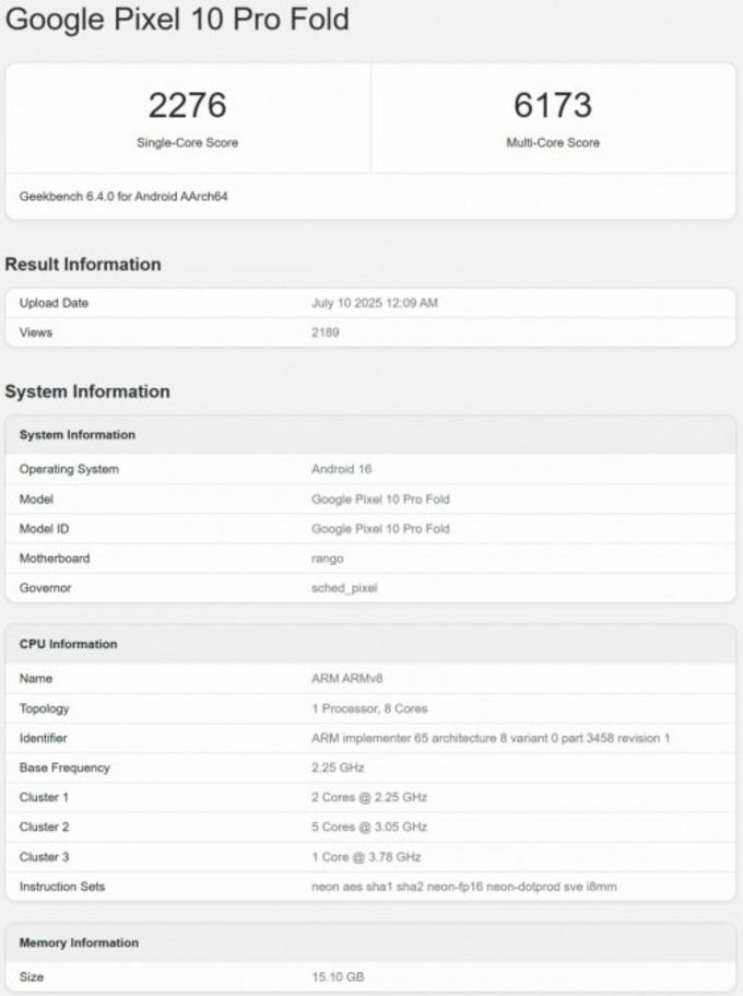 Google Pixel 10 Pro Fold xuất hiện trên Geekbench, hé lộ thông số kỹ thuật