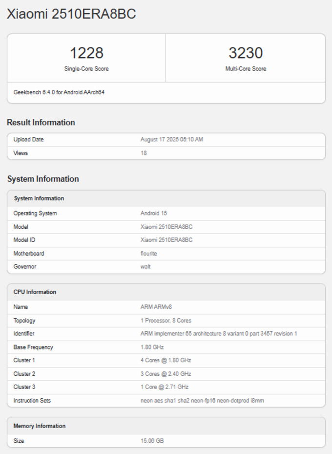 Điểm Geekbench của Redmi Note 15 Pro+