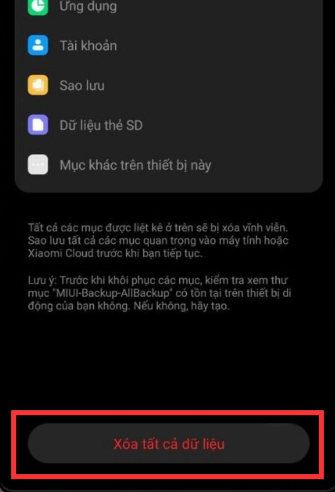 Khôi phục cài đặt gốc là giải pháp để loại bỏ lỗi Xiaomi mất cài đặt vân tay