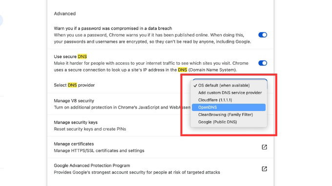 Sử dụng DNS mở (OpenDNS) trên Chrome