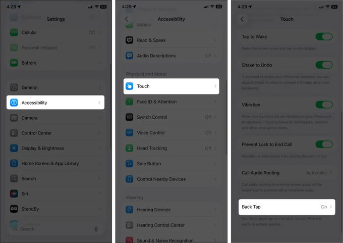 Kiểm tra Back Tap và Phím tắt