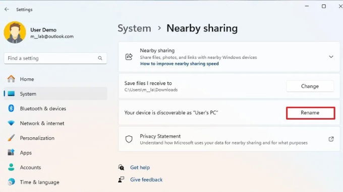 Cách thay đổi tên máy tính Win 11 bằng Nearby Sharing