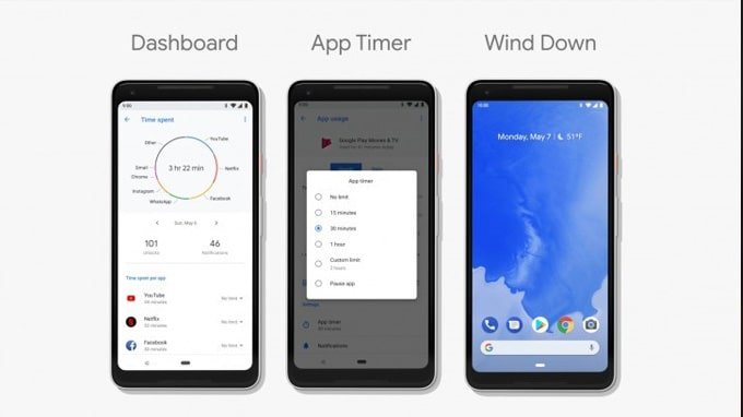 Giao diện Dashboard, App Timer và Wind Down trên Android P