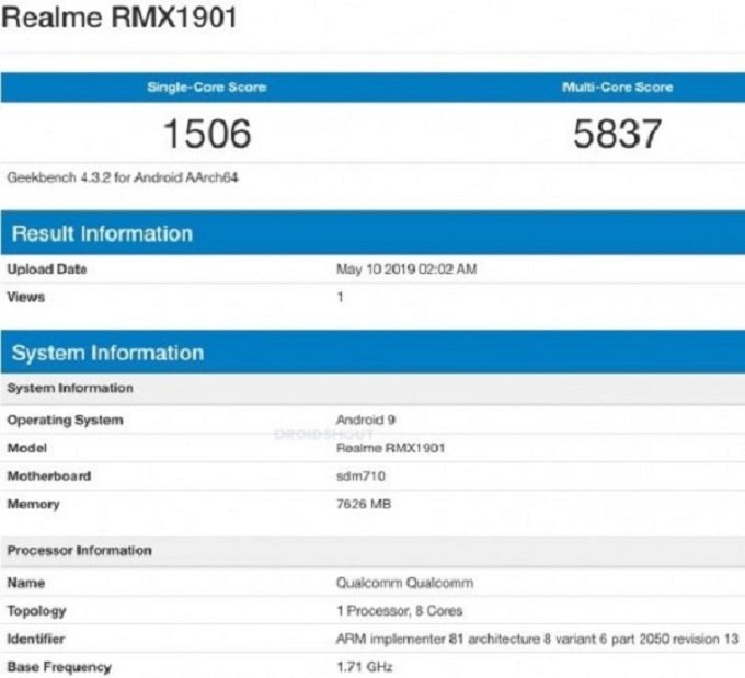 Realme X sẽ sử dụng bộ vi xử lý Snapdragon 710 với 8GB RAM