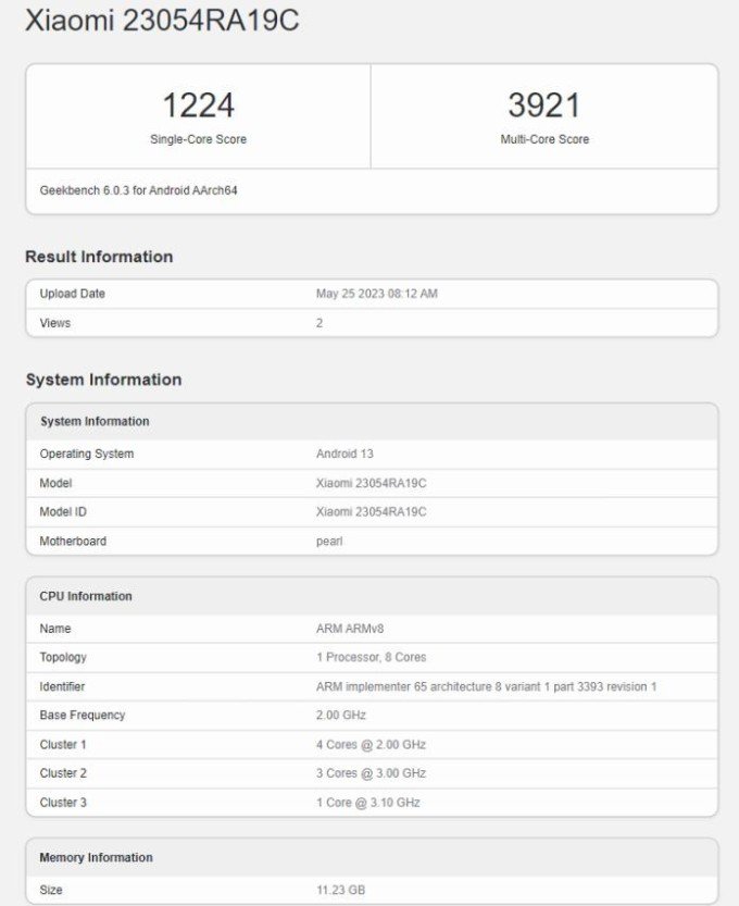 Thông số kỹ thuật của Xiaomi Redmi Note 12T Pro trên Geekbench