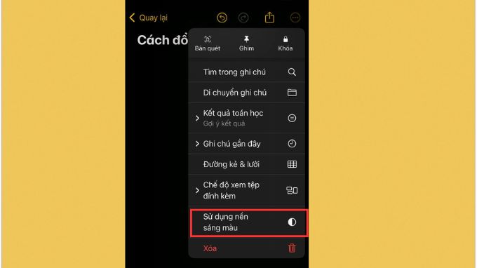 Chọn màu nền ghi chú Sáng hoặc tối