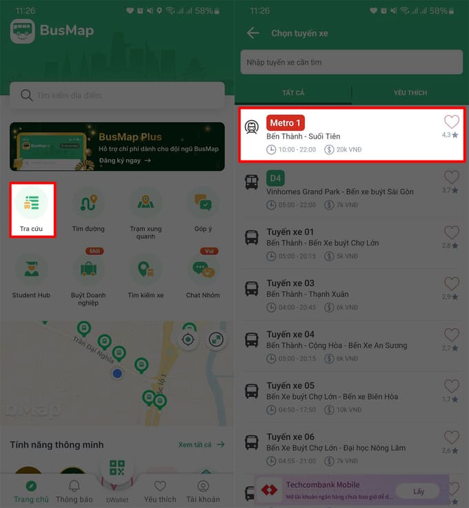 Cách tra cứu lộ trình tuyến Metro số 1 bằng BusMap