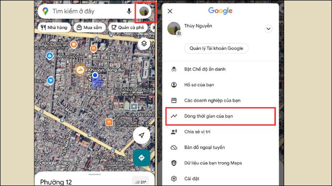 Mở ứng dụng Google Maps và chọn vào mục Dòng thời gian