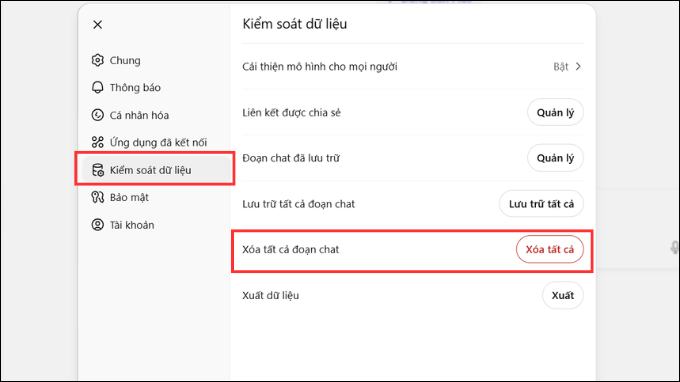 Chọn mục Kiểm soát dữ liệu và nhấn Xóa tất cả đoạn chat