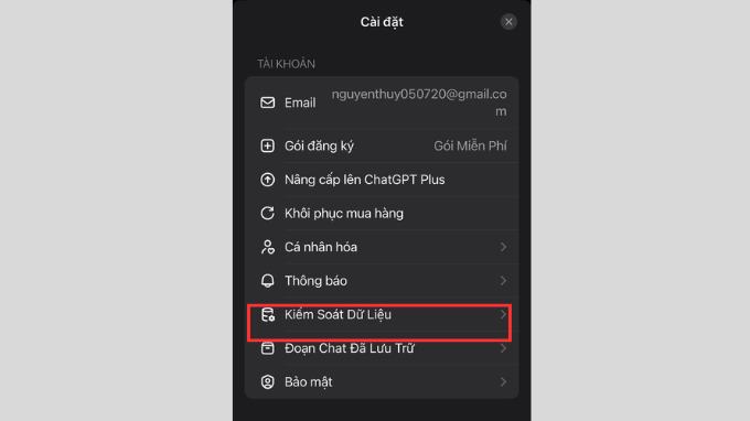 Chọn vào mục Kiểm soát Dữ liệu