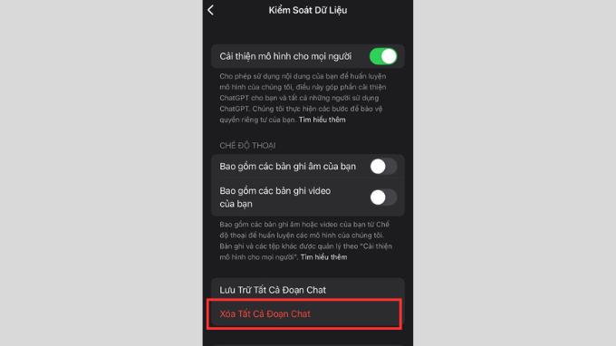 Chọn xóa tất cả đoạn chat