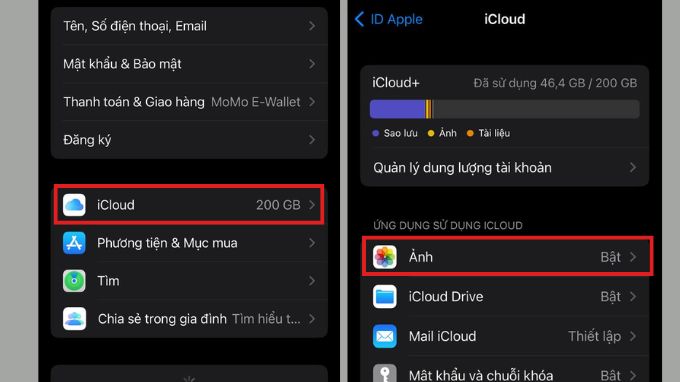Chọn vào mục Ảnh trong iCloud