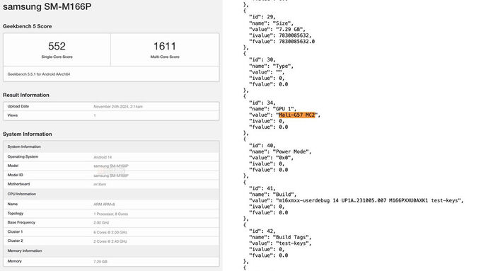 Điểm hiệu năng Geekbench của Galaxy M16 5G