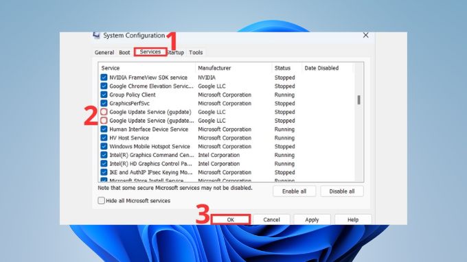 Tắt dịch vụ Google Update để khắc phục lỗi màn hình xanh Win 11