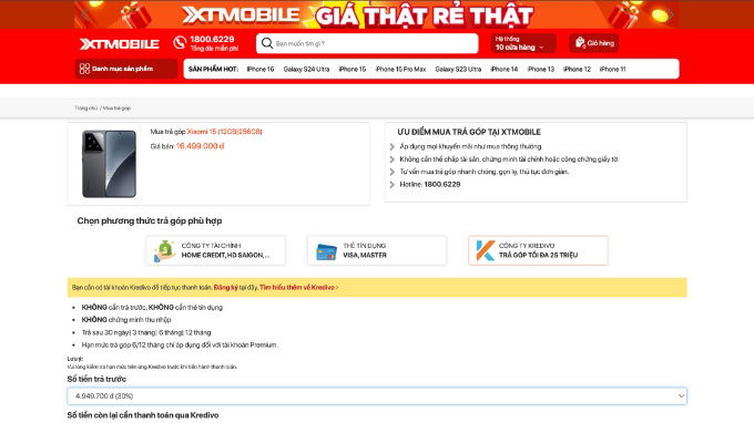 Mua Xiaomi 15 trả góp qua ứng dụng Kredivo