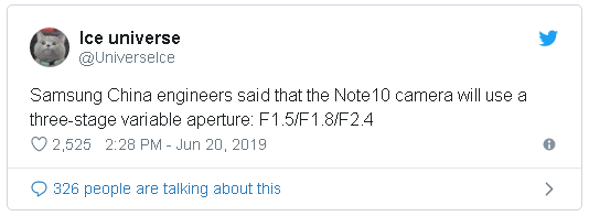 c, Galaxy Note 10 sắp ra mắt có thể thay đổi giữa 3 khẩu độ: f1.5/ f1.8/f2.4