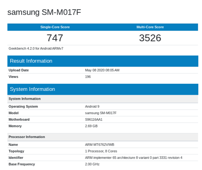 Galaxy M01s sẽ được trang bị chipset Helio P22, đi cùng với đó là RAM 3GB và chạy trên nền tảng Android 9