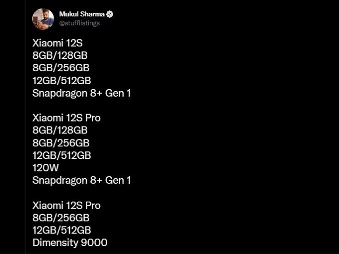 Cấu hình bộ nhớ của Xiaomi 12S và Xiaomi 12S Pro rò rỉ