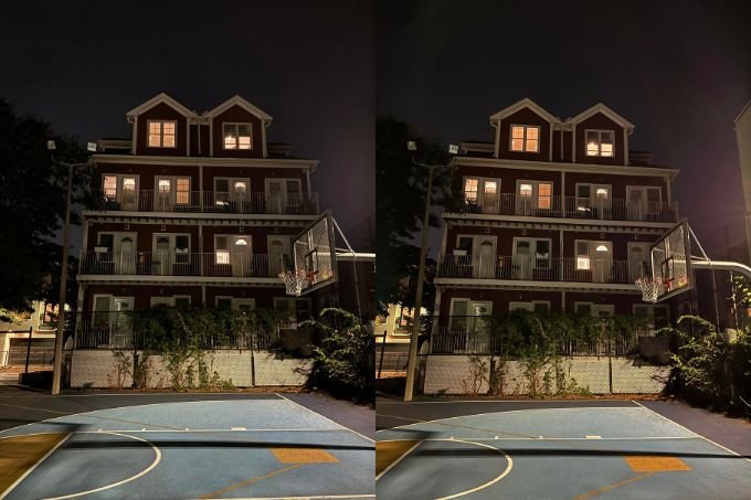 Ảnh chụp ban đêm iPhone 15 (trái) và iPhone 13 mini (phải)