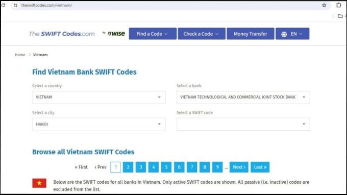 Cách tra cứu mã Swift code Techcombank