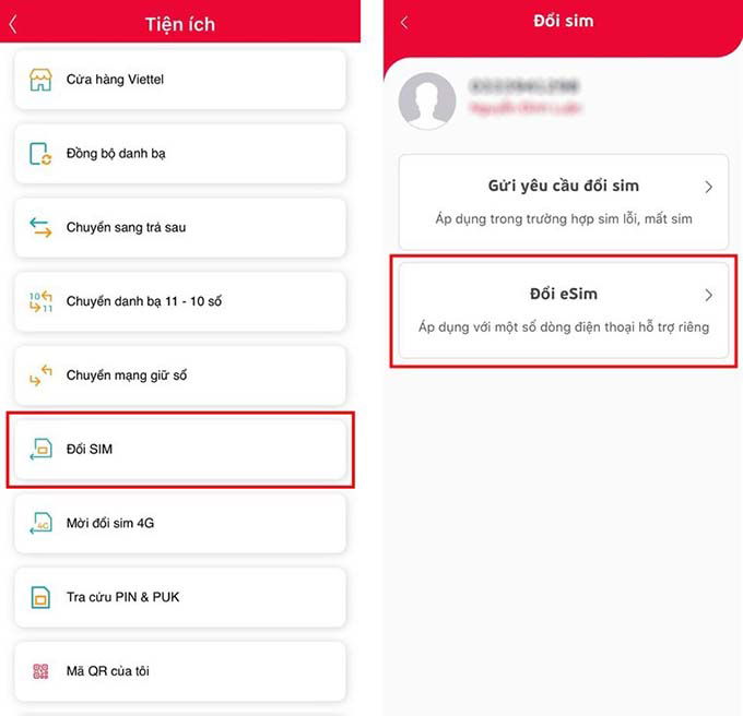 Chuyển đổi eSIM Viettel online qua ứng dụng My Viettel