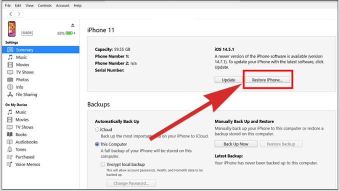 “Restore” iPhone bằng iTunes trên máy tính