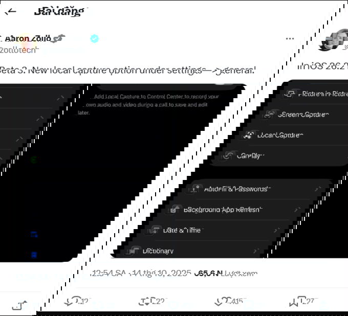 Một mục mới là Ghi âm cục bộ đã được thêm vào phần Cài đặt chung, hỗ trợ người dùng quản lý tốt hơn các bản ghi âm